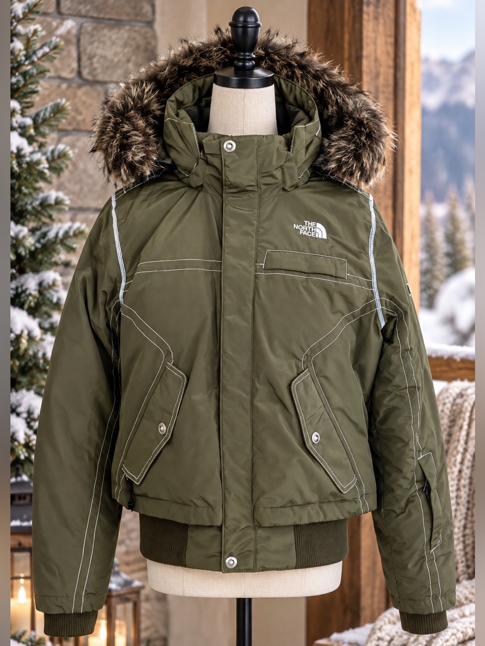 The North Face 600 HyVent Goose Down Puffer Jacket Green Fur Hood Medium